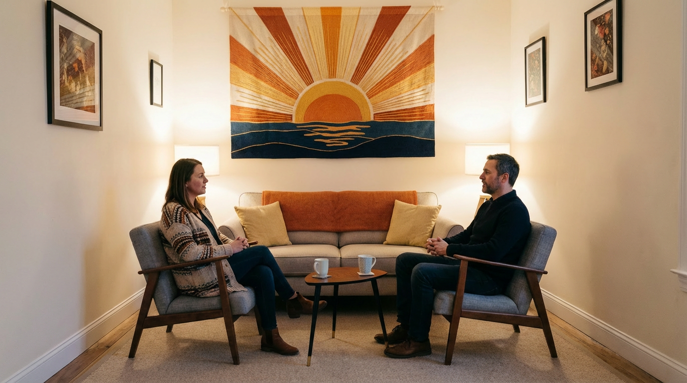 Two people sitting in armchairs in a cozy room having a conversation.