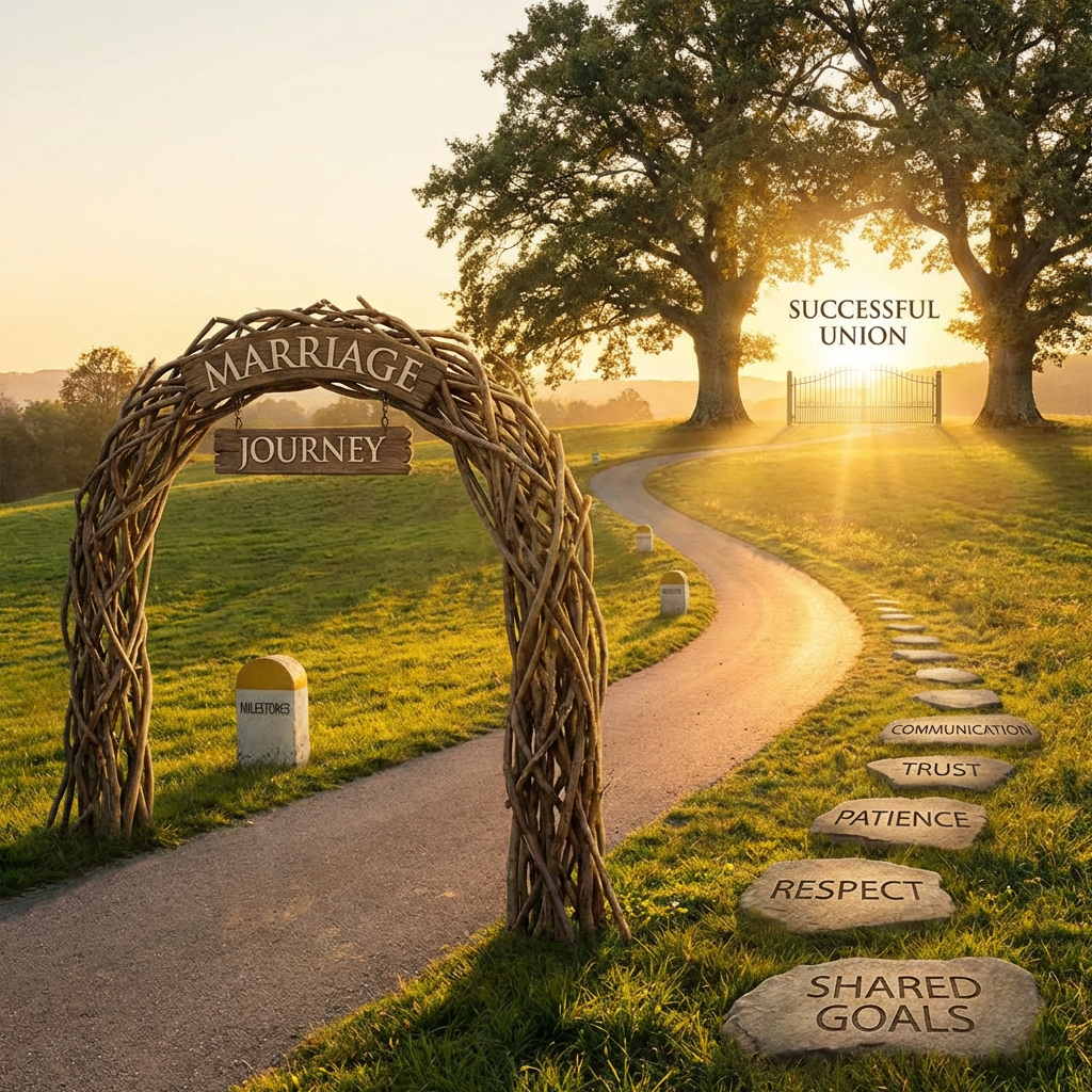 Path from Marriage Journey arch to Successful Union gate with stones like Respect and Trust.