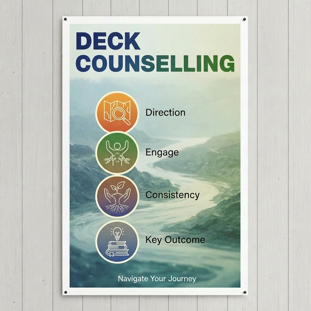 Poster for DECK COUNSELLING featuring core pillars: Discovering Emotions & Knowledge, Empowerment & Empathy, and Cultivating Growth & Resilience.