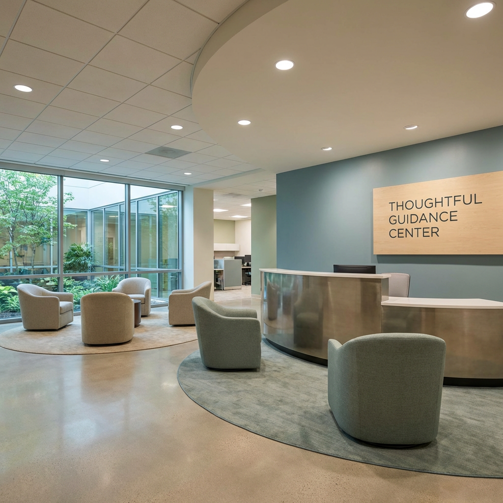 Modern reception area with seating and a sign reading Thoughtful Guidance Center.